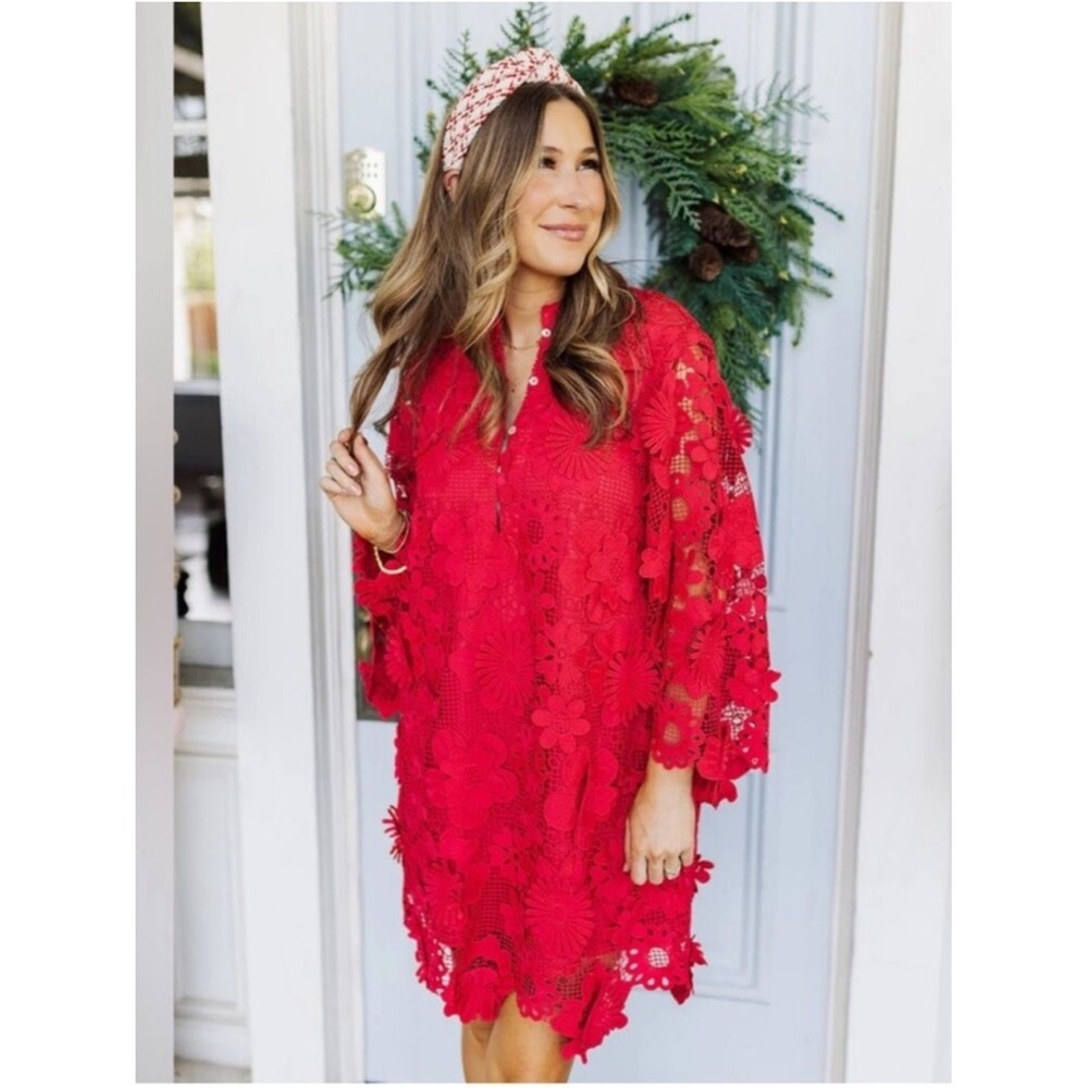 J.Marie Seraphina Floral 3D Lace Split Round Button Up Neck Shift Dress Medium